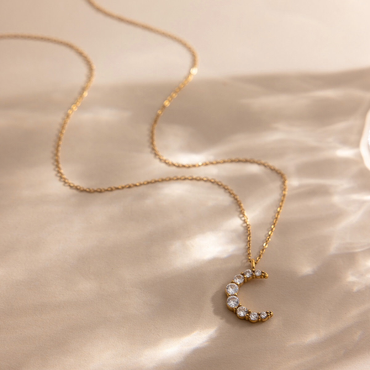 18K Gold Luna Pave Moon Dainty Pendant Necklace