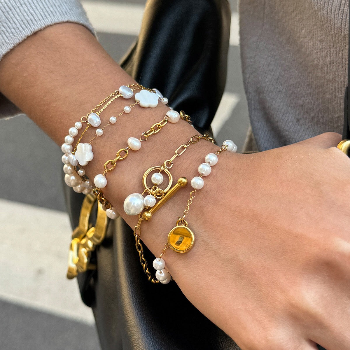 18K Gold Floating Pearls Chain Bracelet Stack