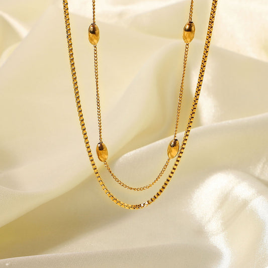 18K Gold Box Chain Beaded Layered Necklace Set