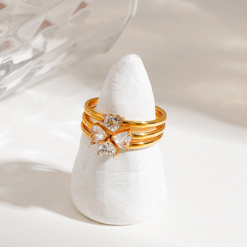 18K Gold Goddess Glow Four Leaf Clover Stacking Rings Set