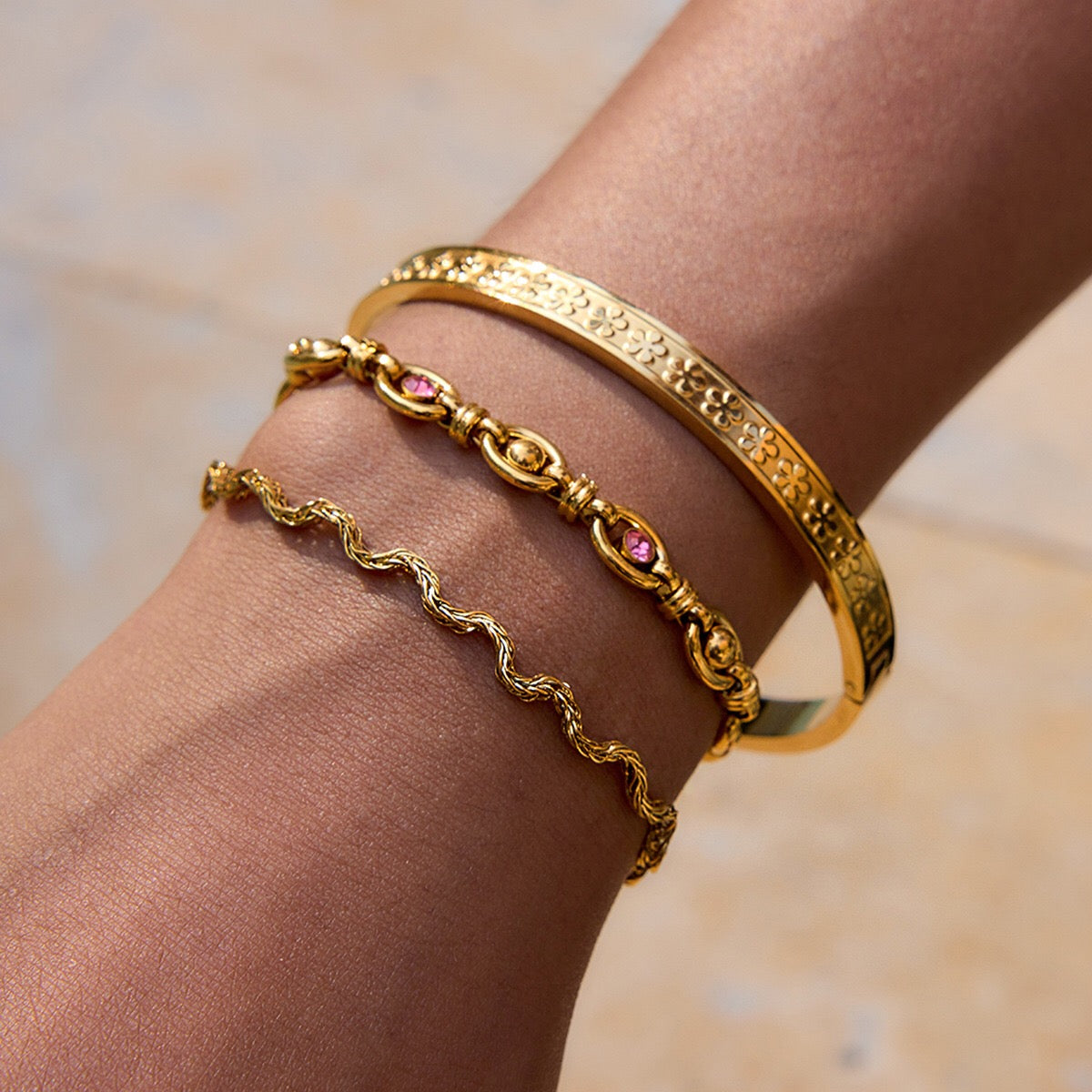 18K Gold Golden Blush Pink Jewel Wave Chain Flower Bangle Bracelet Stack