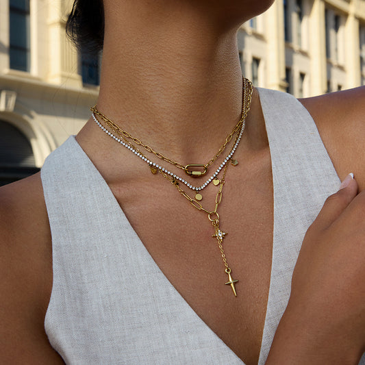 18K Gold Starry Y Shape Pendant Heart Tennis Chain Paperclip Layered Necklace Set