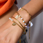 18K Gold Pastel Blue Flower Beaded Chain Bangle Bracelet Stack