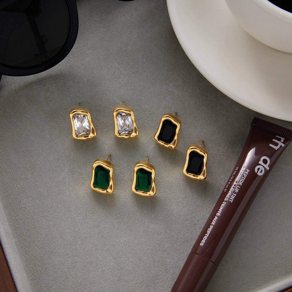 18K Gold Liquid Form Statement CZ Stud Earrings