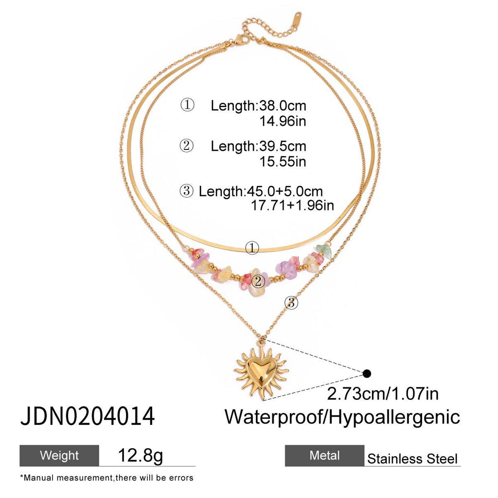 18K Gold Heart Pendant Gemstone Beaded Herringbone Snake Chain Layered Necklace Set