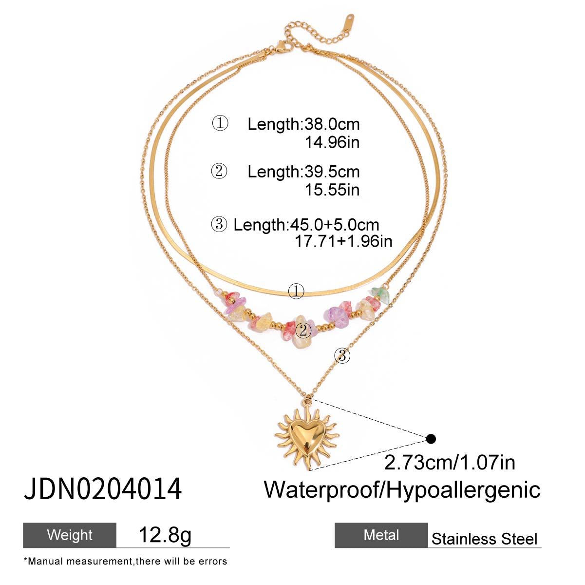 18K Gold Heart Pendant Gemstone Beaded Herringbone Snake Chain Layered Necklace Set