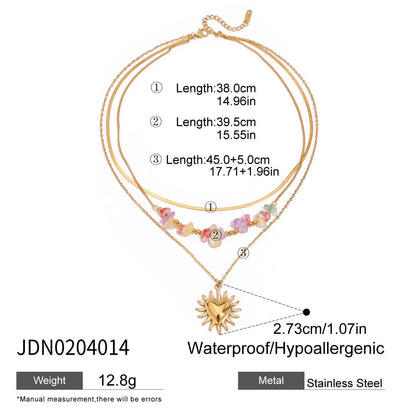 18K Gold Heart Pendant Gemstone Beaded Herringbone Snake Chain Layered Necklace Set