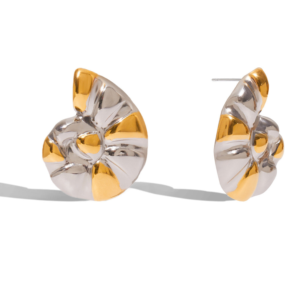 18K Gold Silver Two Tone Sea Shell Statement Stud Earrings