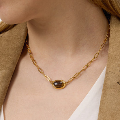 18K Gold Tiger Eye Paperclip Chain Herringbone Choker Layered Necklace Set