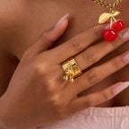 18K Gold Cherry Charm Band Ring