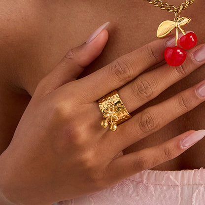 18K Gold Cherry Charm Band Ring