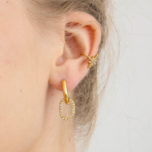 18K Gold Cosmic Charm Huggie Dangle Earrings Star Ear Cuff Set
