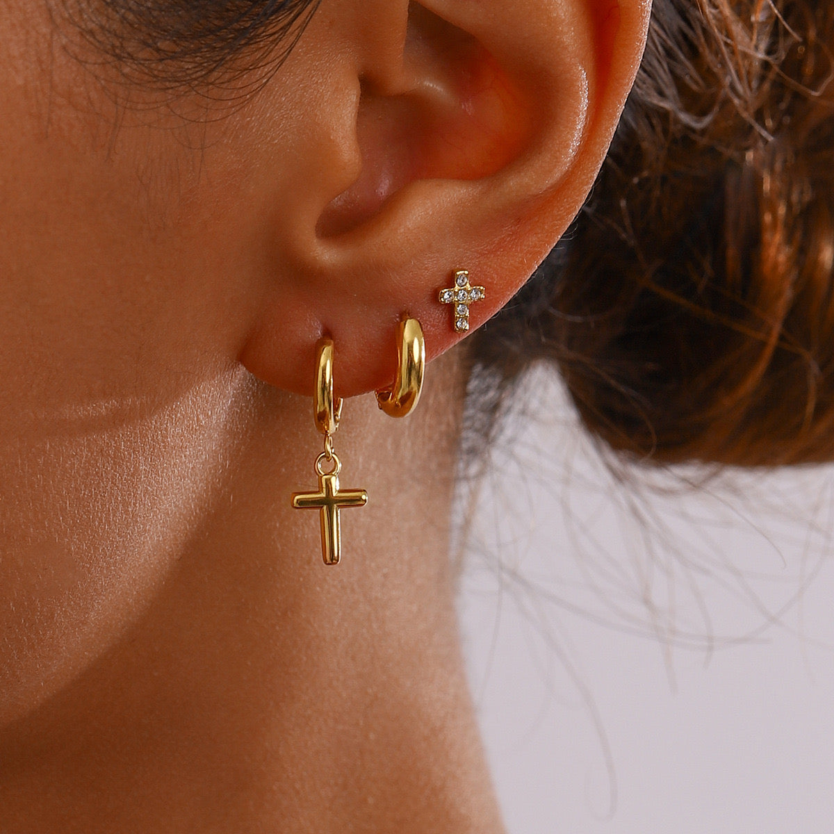 18K Gold Cross Small Hoop Huggie Earrings Set