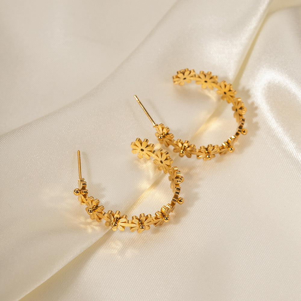 18K Gold Flower Blossom Hoop Huggie Earrings