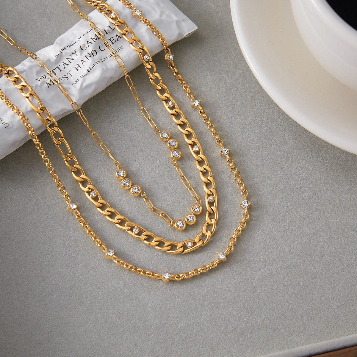 18K Gold Cosmic Glow Paperclip Curb Chain Layered Necklace Set