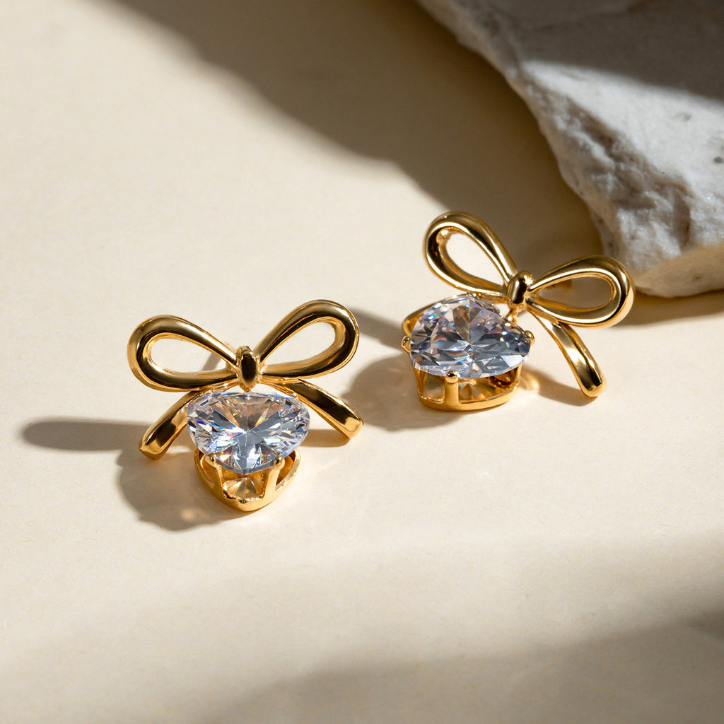 18K Gold Bling Heart Bow Dangle Earrings