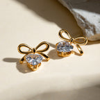 18K Gold Bling Heart Bow Dangle Earrings