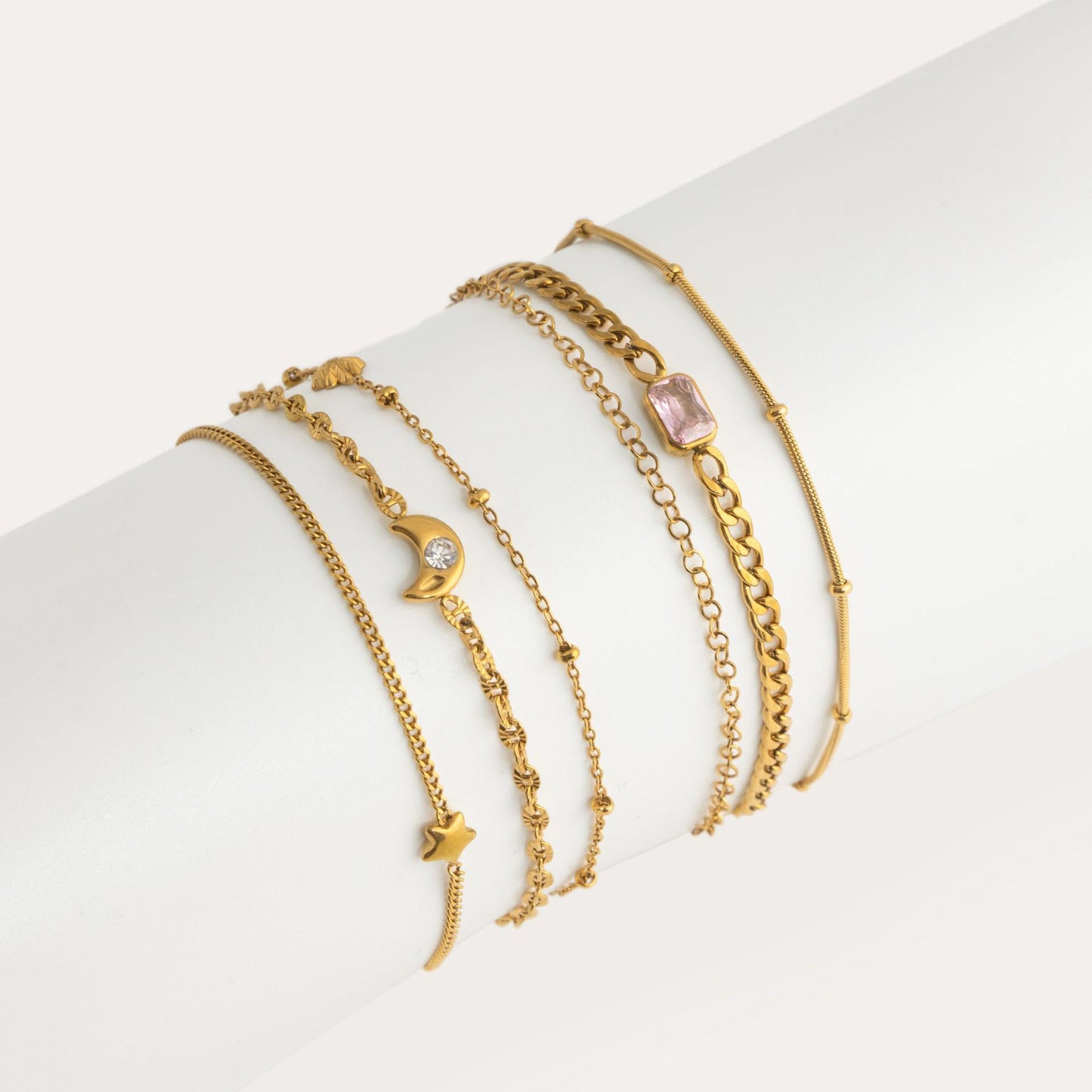 18K Gold Petite Joys Moon and Star Pink Jewel Dainty Three Chain Bracelet