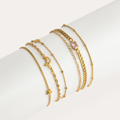 18K Gold Petite Joys Moon and Star Pink Jewel Dainty Three Chain Bracelet