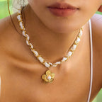 18K Gold Princess Flower Pearl Pendant Ribbon Chain Layered Necklace Set