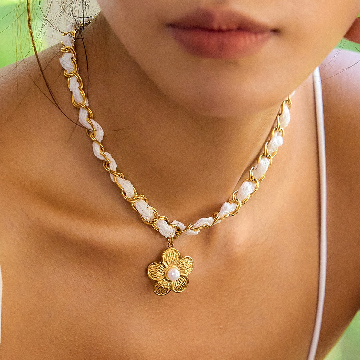 18K Gold Princess Flower Pearl Pendant Ribbon Chain Layered Necklace Set