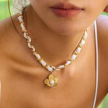 18K Gold Princess Flower Pearl Pendant Ribbon Chain Bracelet