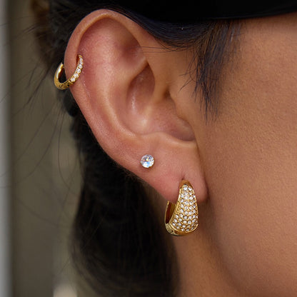 18K Gold Power Shine Pave Dome Small Hoop Huggie Earrings