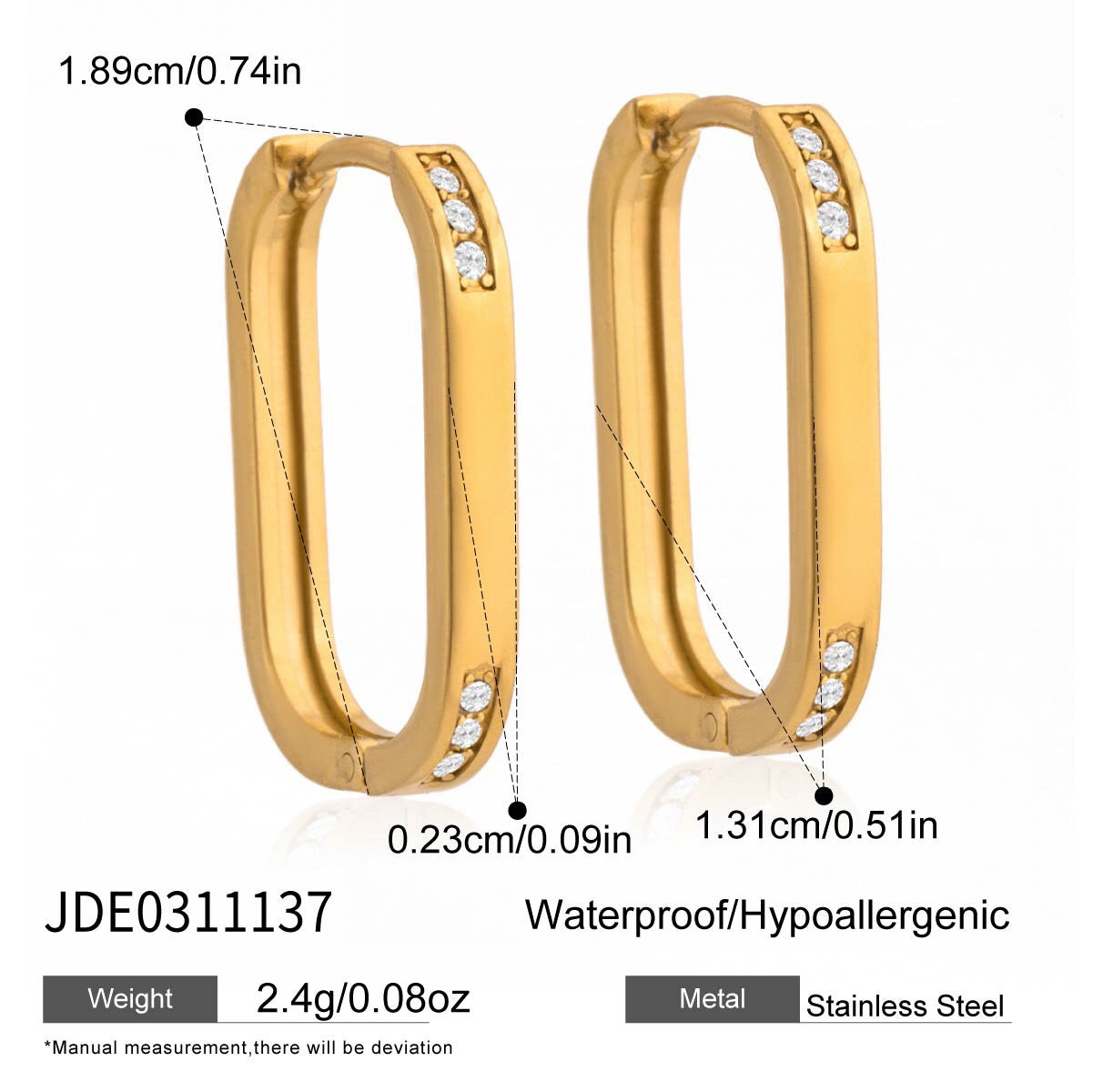 18K Gold Iced Frame Heart Small Rectangle Hoop Huggie Earrings