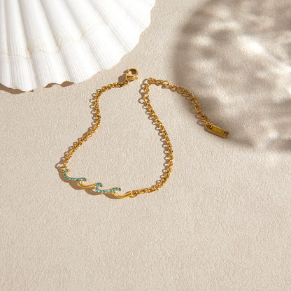 18K Gold Ocean Whisper Pave Blue Wave Dainty Chain Bracelet
