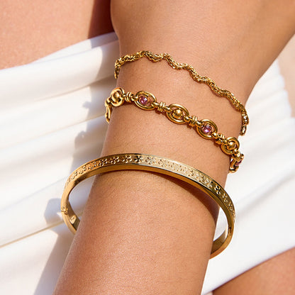 18K Gold Golden Blush Pink Jewel Wave Chain Flower Bangle Bracelet Stack