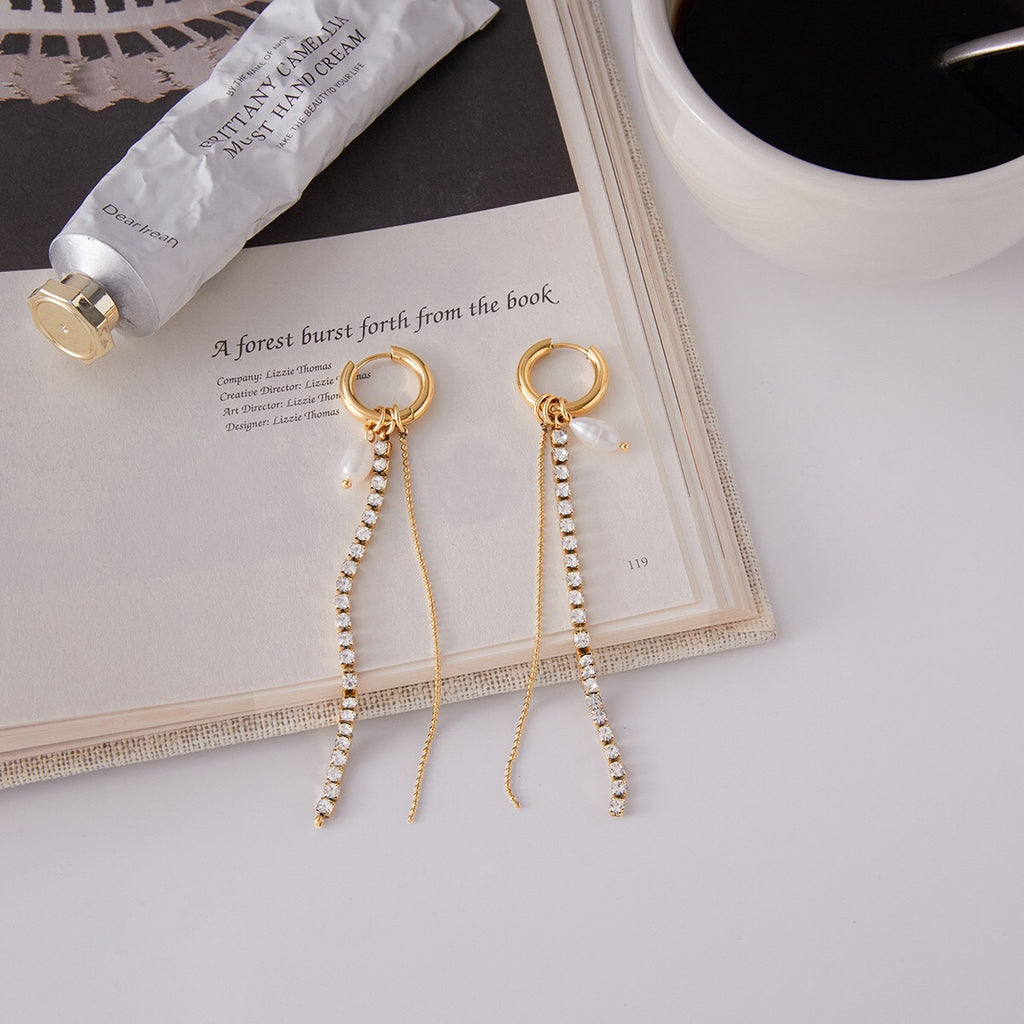 18K Gold Starstruck Tennis Chain Pearl Drop Dangle Huggie Earrings