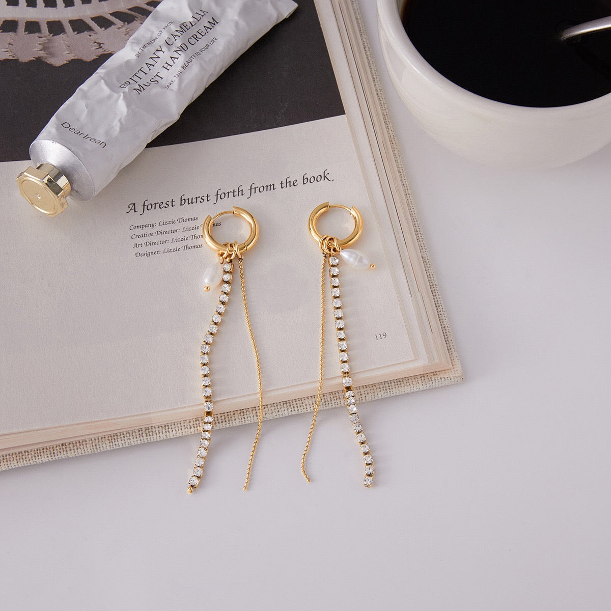 18K Gold Starstruck Tennis Chain Pearl Drop Dangle Huggie Earrings