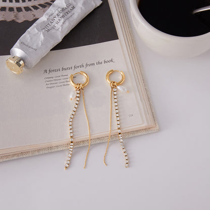 18K Gold Starstruck Tennis Chain Pearl Drop Dangle Huggie Earrings