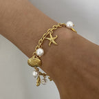 18K Gold Ocean Tale Shell Starfish Pearl Bracelet
