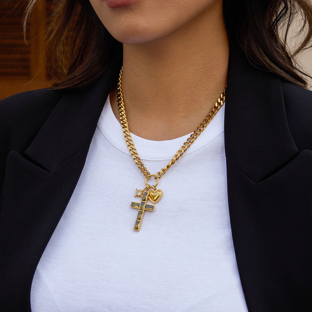 18K Gold Faith Divine Cross Heart Starburst Charm Cuban Link Chain Necklace