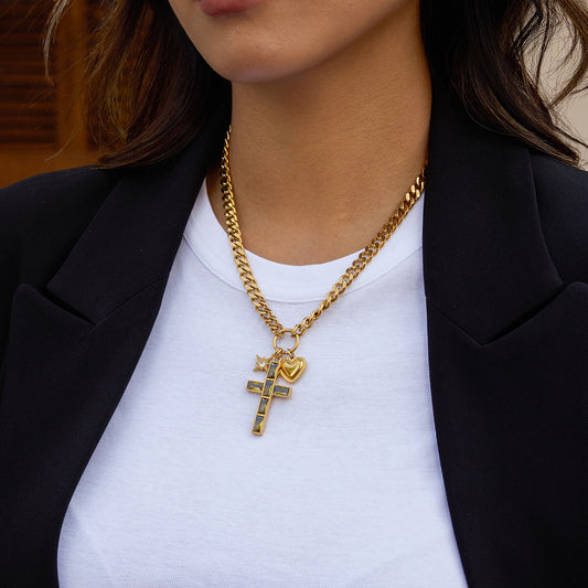 18K Gold Faith Divine Cross Heart Starburst Charm Cuban Link Chain Necklace