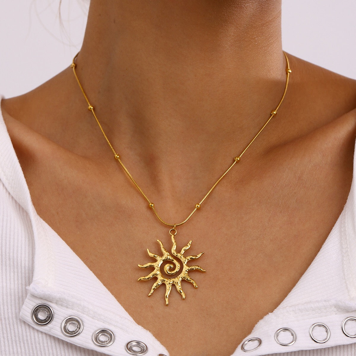 18K Gold Solar Flame Sun Pendant Statement Necklace