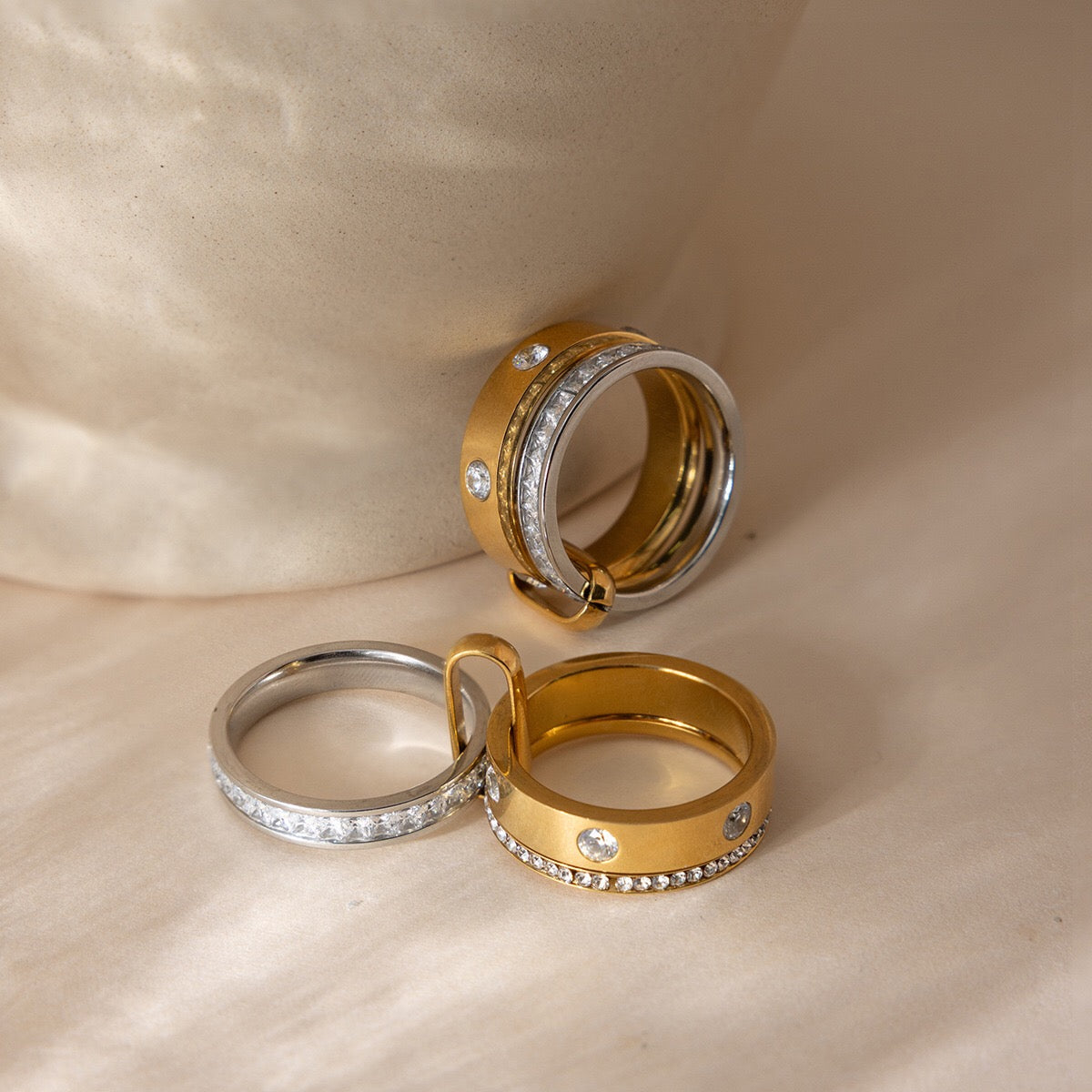 18K Gold and Silver Two Tone Noble Multiple Linked Eternity Spinelli Ring Stack