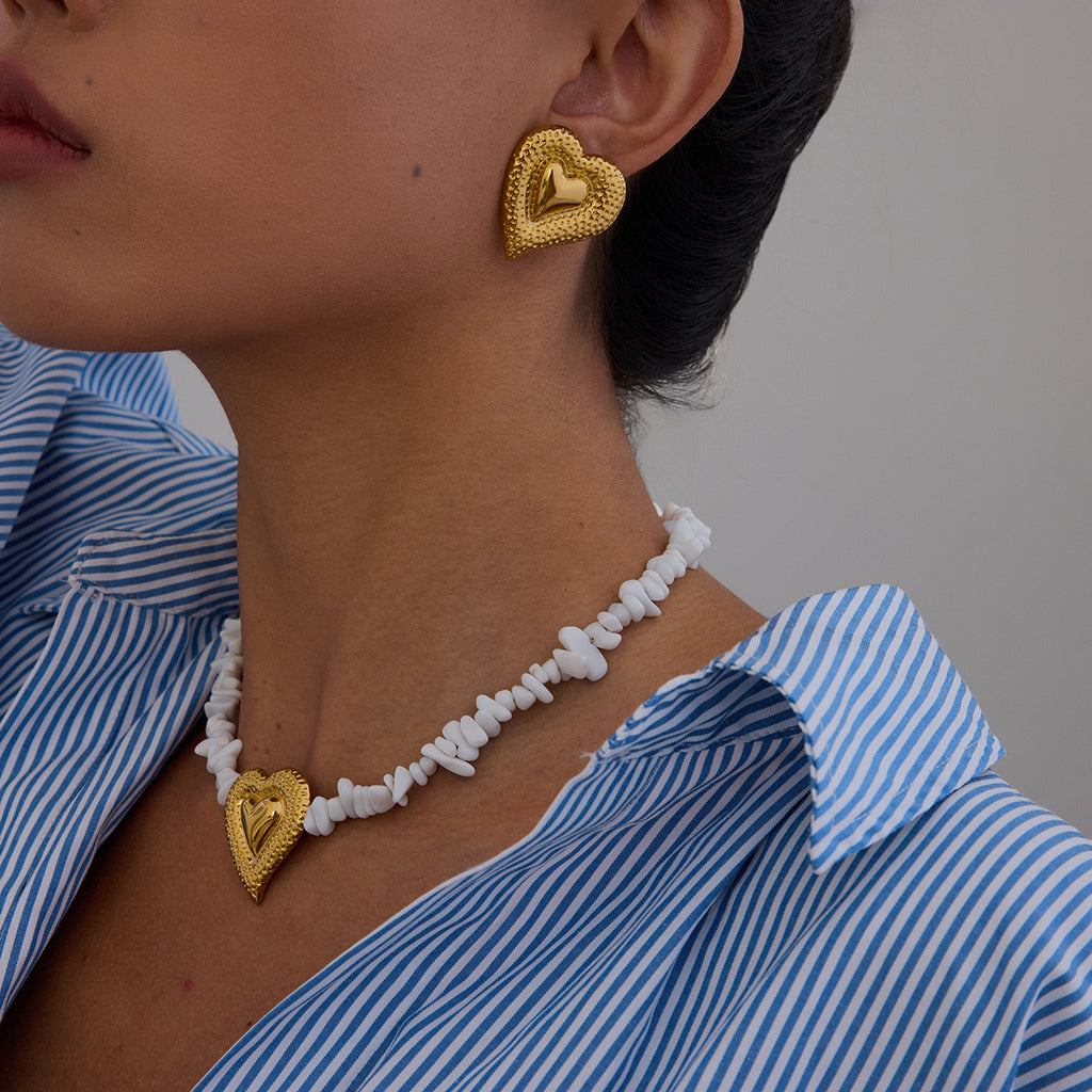 18K Gold Love Hard Heart Statement Stud Earrings