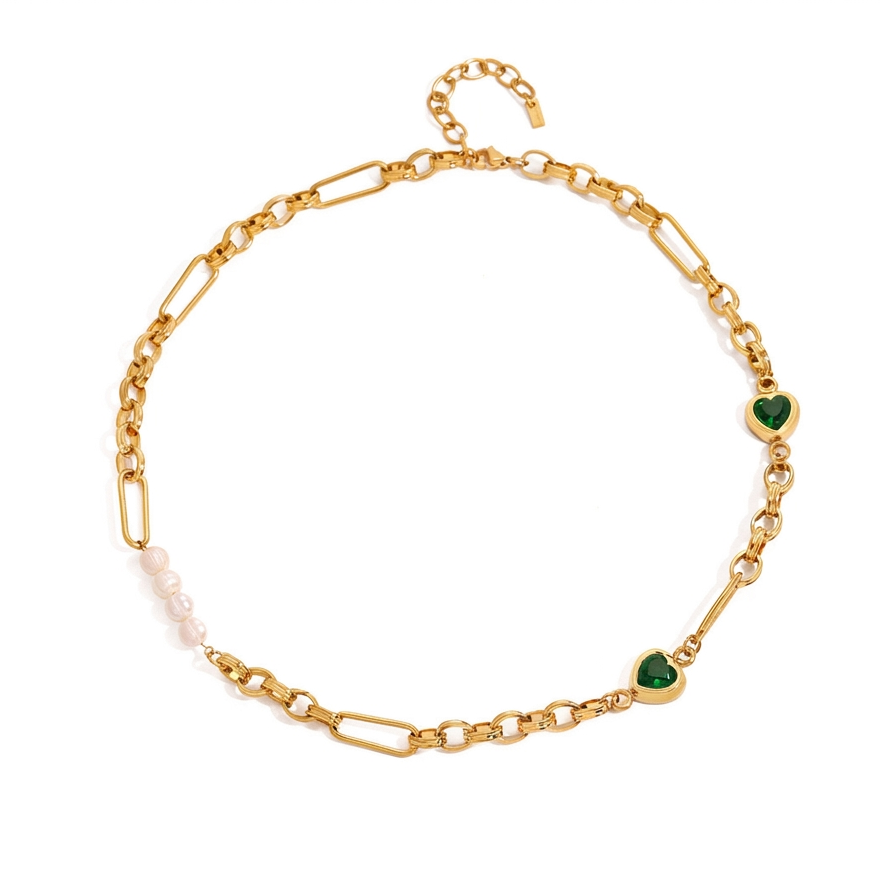 18K Gold Emerald Heart Pearl Beads Chunky Chain Bracelet & Necklace Set