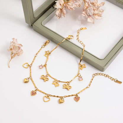 18K Gold Flirt Flower Bow Heart Charm Chain Bracelet Stack