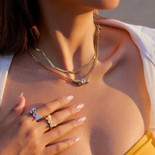 18K Gold Pink Butterfly Curb Chain Necklace