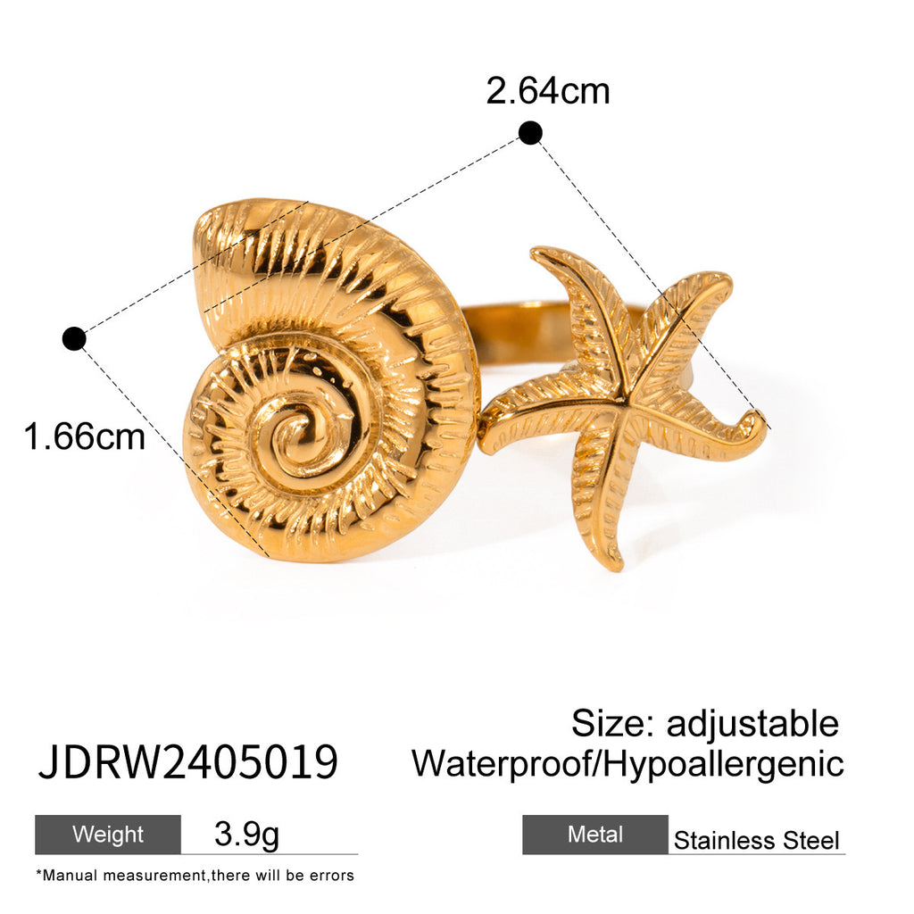 18K Gold Beach Day Starfish Conch Ring
