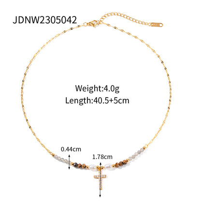 18K Gold Cross Pearl Beaded Pendant Necklace