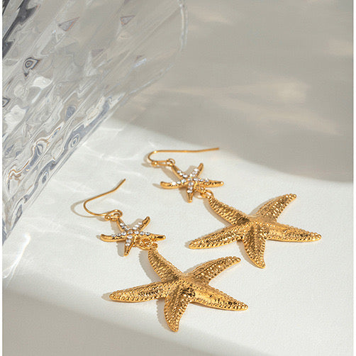 18K Gold Bling Starfish Drop Dangle Statement Earrings