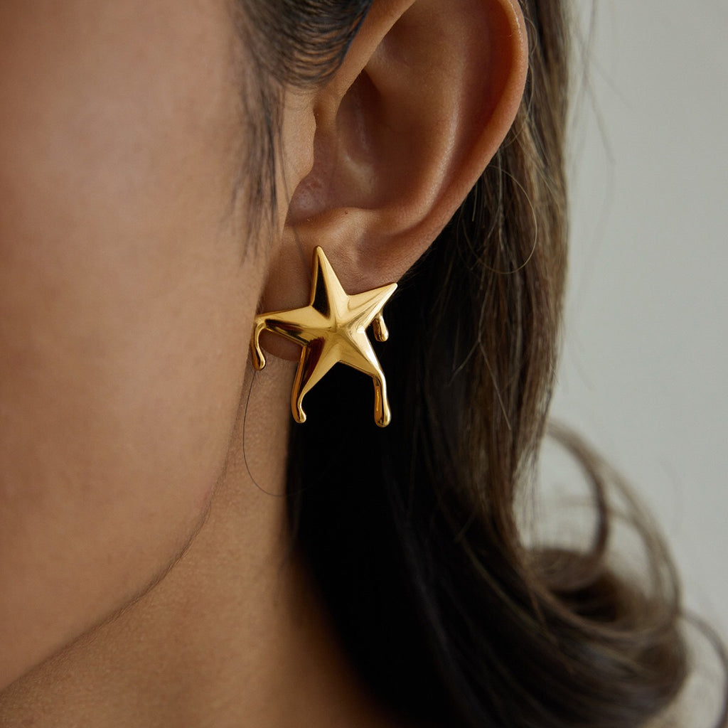 18K Gold Golden Drip Cherry Lips Star Statement Stud Earrings