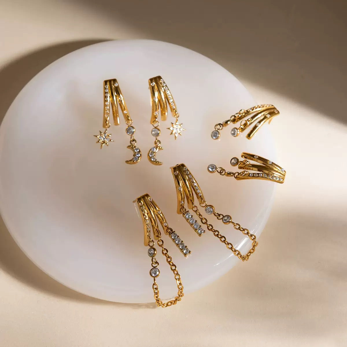 18K Gold Moon Kiss Dangle Huggie Earrings