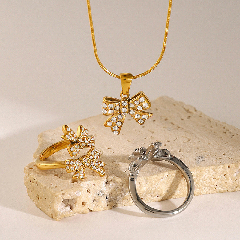 18K Gold Bejeweled Coquette Bow Pendant Necklace