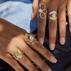 18K Gold Daily Glam Flower Heart CZ Statement Rings Set