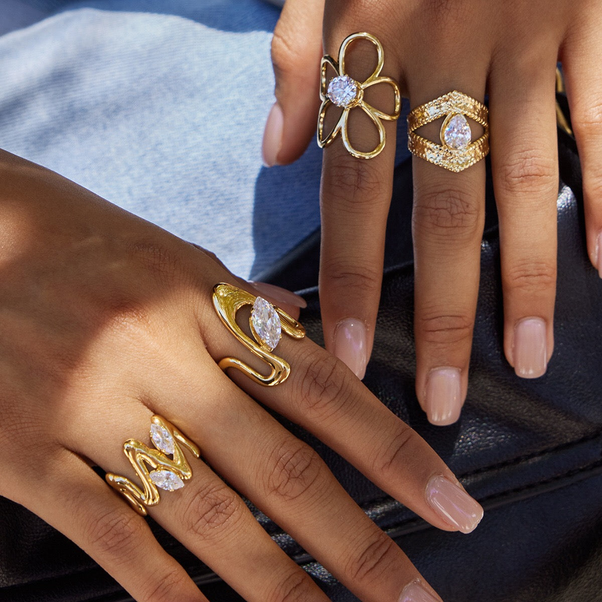 18K Gold Daily Glam Flower Heart CZ Statement Rings Set